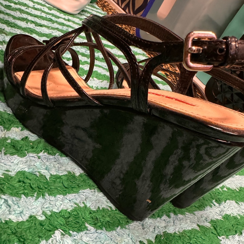 PRADA WEDGE STRAPPY LUXURIOUS SHOES US 8 BLK PATTON LEATHER NEW - Picture 2 of 10